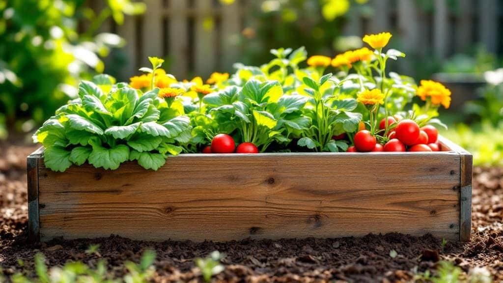 A well-organized raised garden bed with various vegetables and companion flowers.
