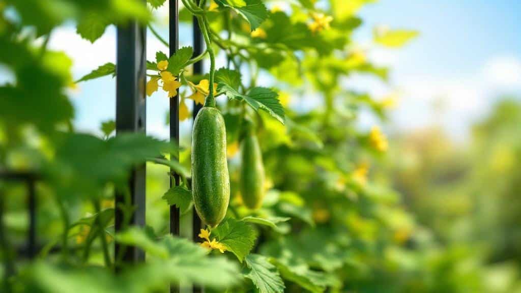 Vertical cucumber gardening on a trellis to maximize yield per square foot.