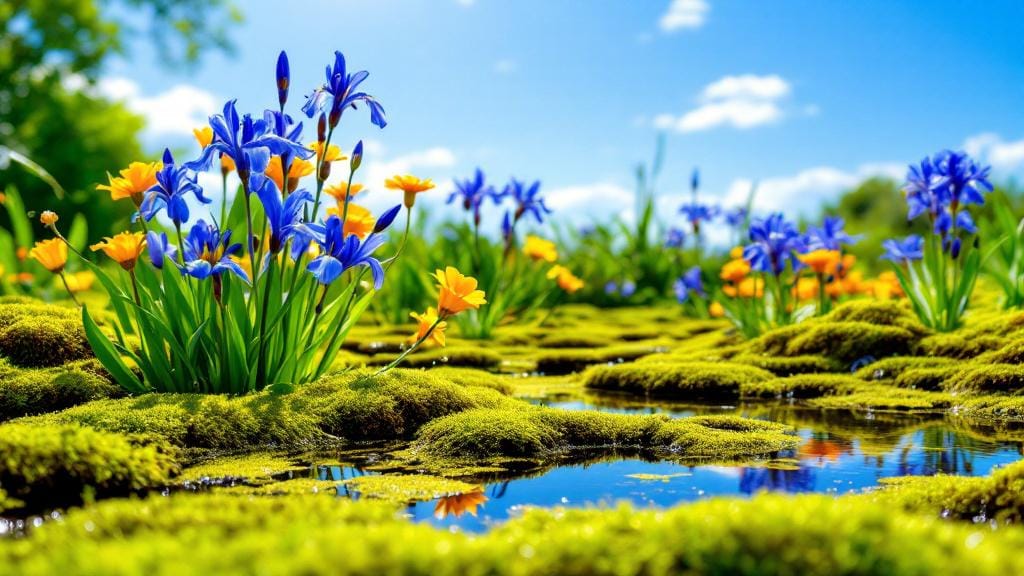 A bright water bog with reflective water pools and colorful flowering wetland plants.