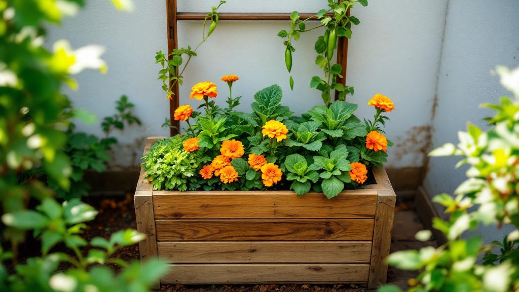 Small garden bed layout with vertical trellis, flowers, and leafy greens in a narrow backyard.