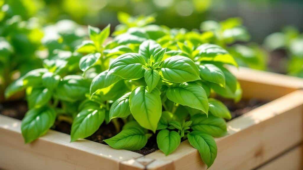 Healthy Genovese basil growing in a square foot garden grid.