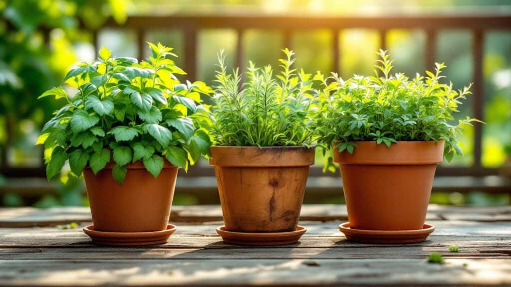 Three different herb container combinations showing compatible plants growing together.