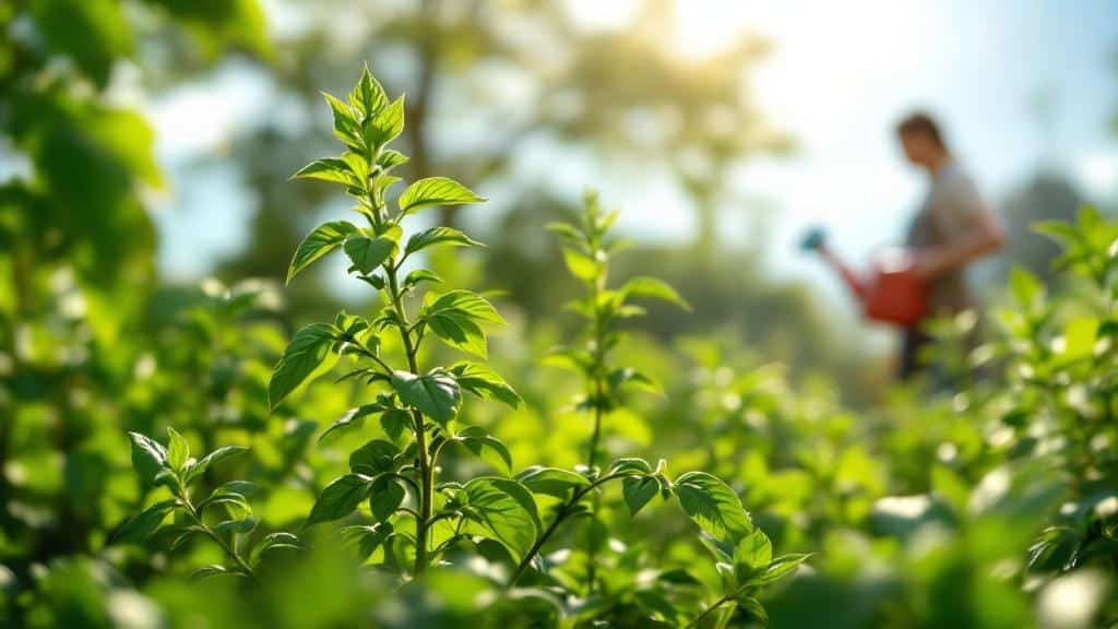 Healthy green herbs in a garden being cared for with water and organic fertilizer.