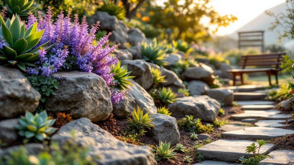 A professionally designed rockery garden featuring natural granite stones and cascading alpine plants.