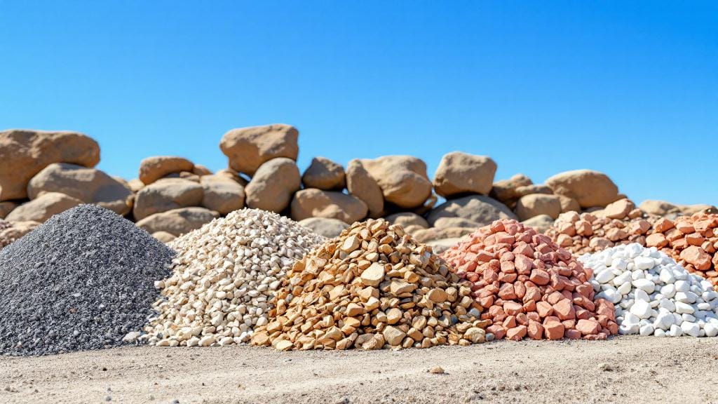 A variety of landscaping and construction rocks including gravel, river rock, and marble chips at a supply yard.