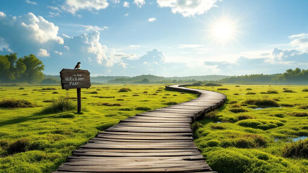 A wooden boardwalk for visitors in a protected bog park ecosystem.