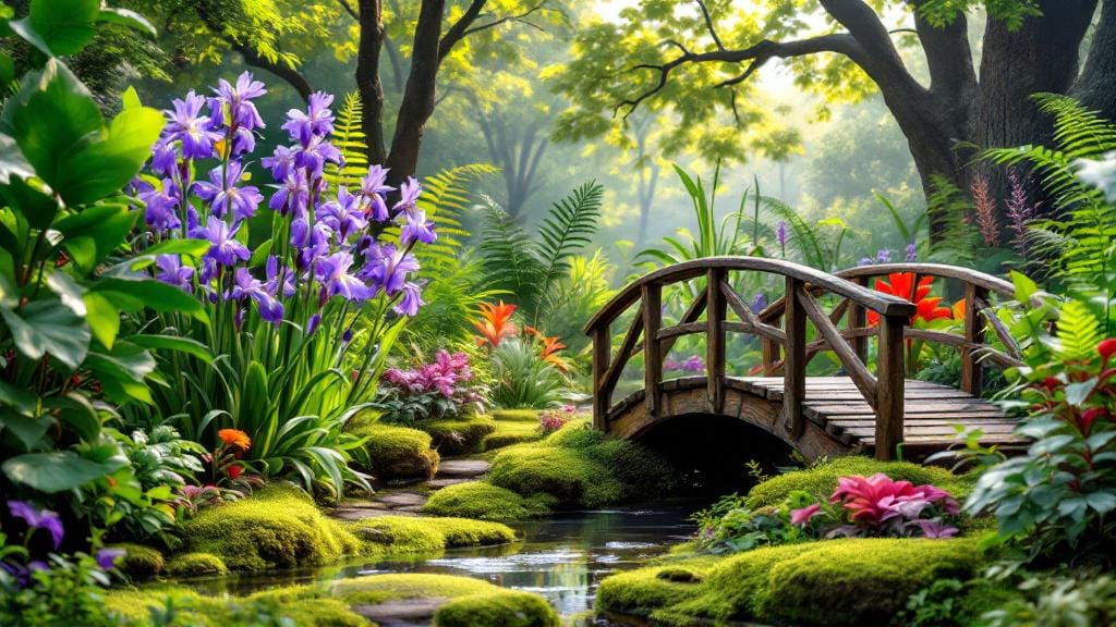 A beautifully designed backyard bog garden with diverse moisture-loving plants and irises.