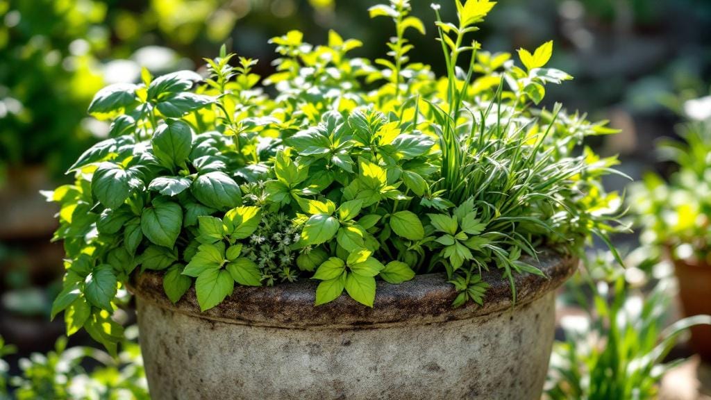 A mixed herb container featuring compatible plants like basil, parsley, and chives.