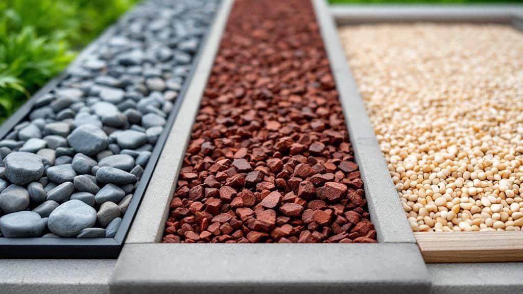 A comparison of different landscaping rocks including river rock, lava rock, and pea gravel.