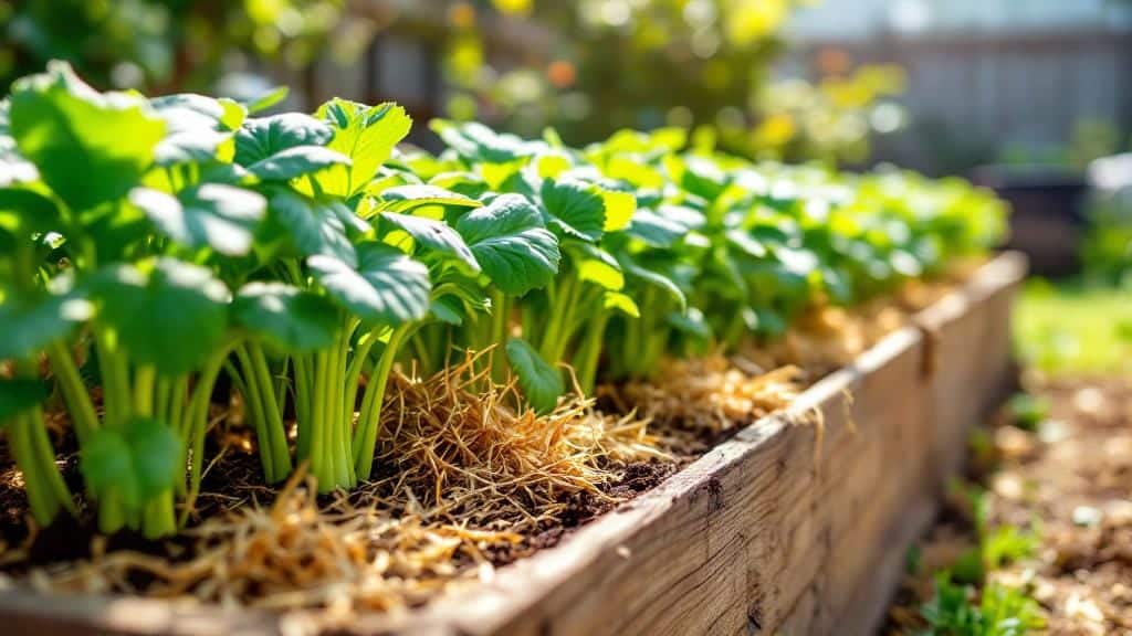 Healthy potato plants growing in a deep wooden raised garden bed with straw mulch.