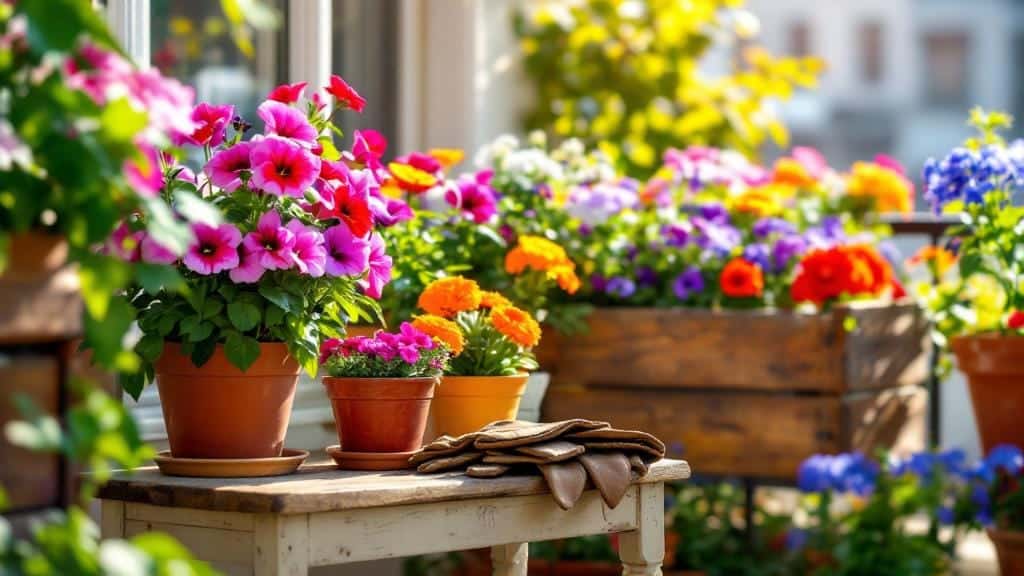 A productive cut flower garden with a basket full of freshly harvested zinnias and dahlias.