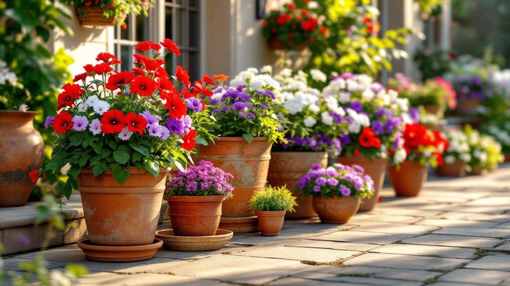 Best flowers for containers featuring petunias geraniums and marigolds in a patio garden