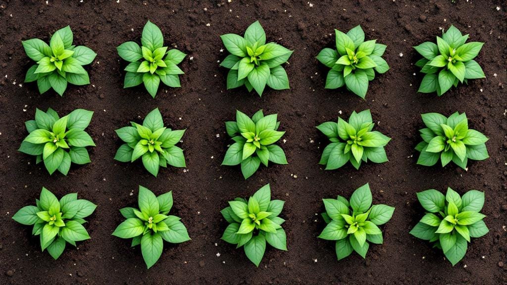 9 bush bean plants spaced in a 3x3 pattern in a square foot garden grid.