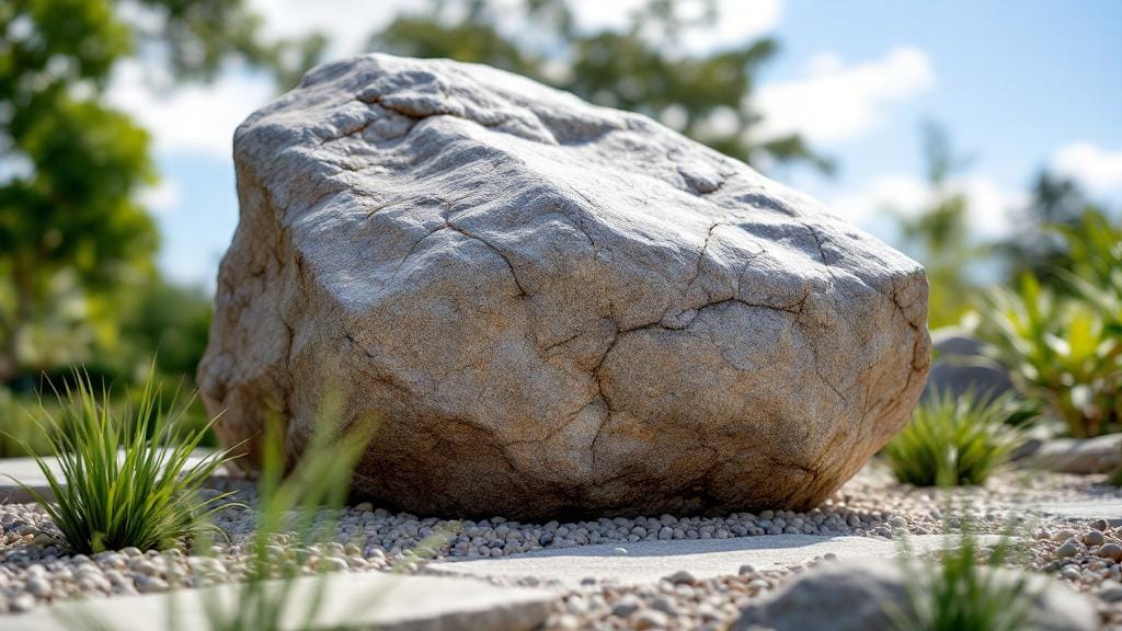 A decorative granite boulder used as a focal point in professional garden landscaping.