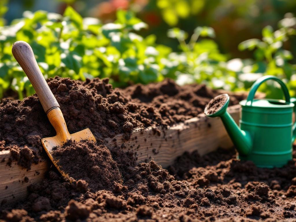 DIY rich loamy soil mix being poured into a wooden raised garden bed for vegetables.