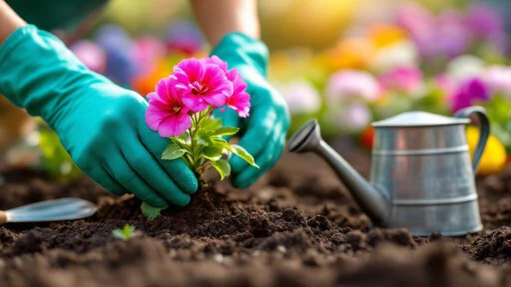 A person planting flowers in a garden bed with rich soil and gardening tools.