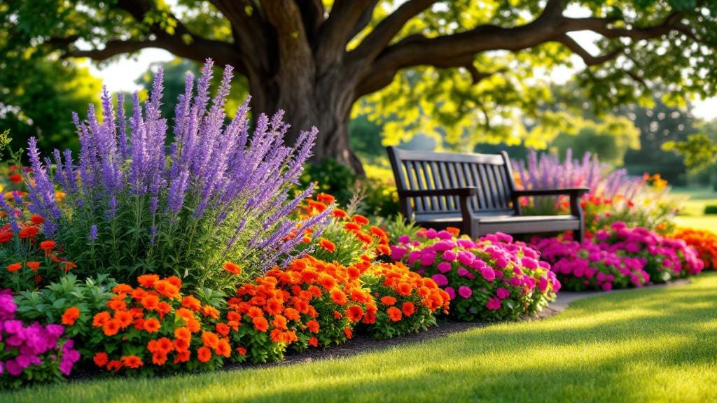 A vibrant low-maintenance garden with Lavender, Gazania, and Geraniums blooming together.