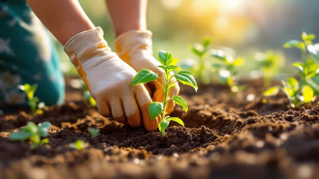 Transplanting a young basil seedling into an outdoor garden bed during spring.