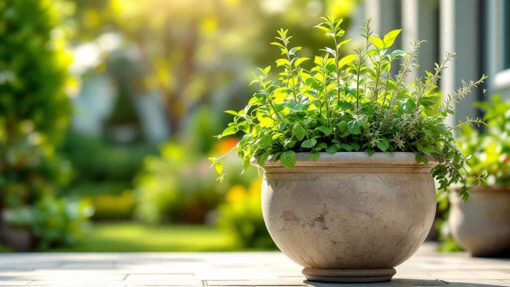 A beautiful mixed herb container garden with rosemary, basil, and thyme.