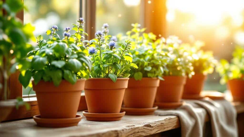 A variety of fresh herbs like basil, rosemary, and parsley growing in terracotta pots on a sunny balcony.