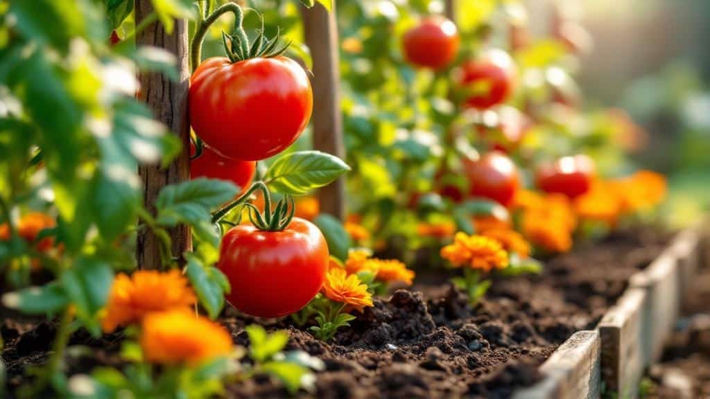 A tomato companion planting layout in a raised bed with basil and marigolds.