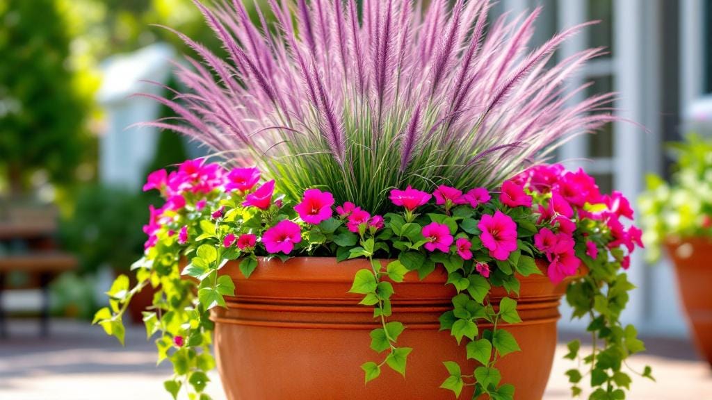 Best plants for outdoor planters featuring thriller filler and spiller design