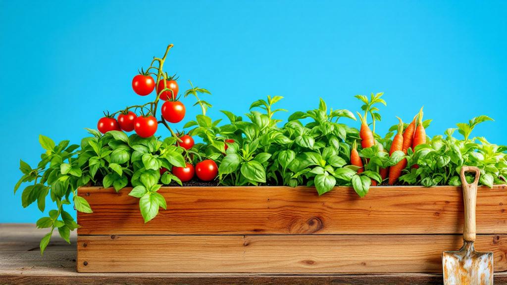 Detailed view of fresh carrots and ripe tomatoes ready for harvest from a raised bed.