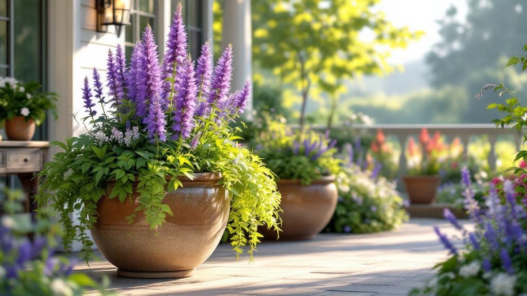Best perennial plants for containers featuring Echinacea and Lavender in ceramic pots