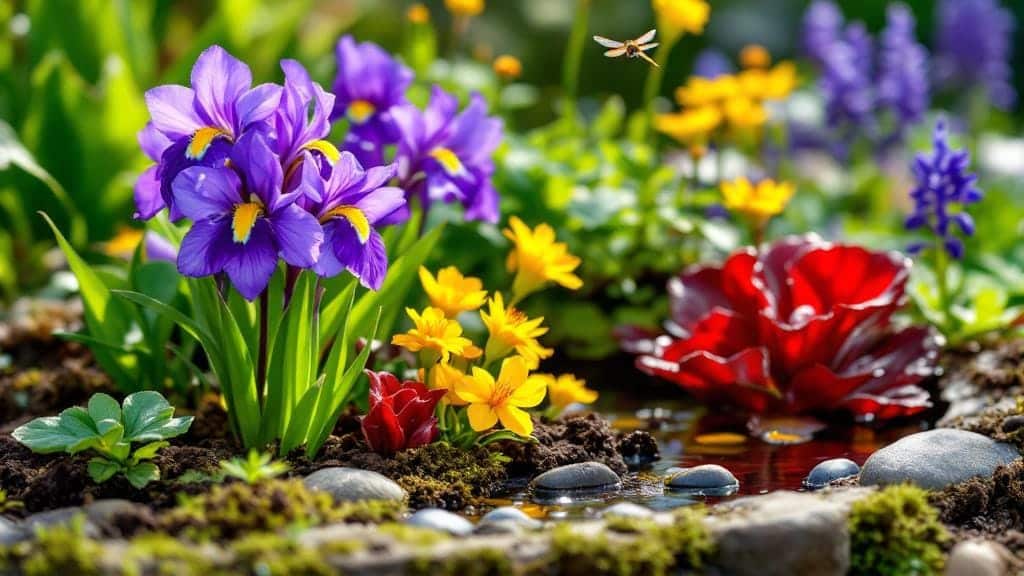 A thriving backyard bog garden featuring moisture-loving plants like Irises and Pitcher plants.