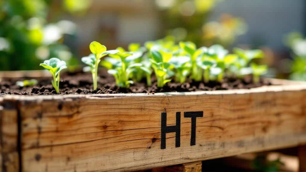 A DIY raised garden bed made from recycled heat-treated wooden pallets in a sunny garden.