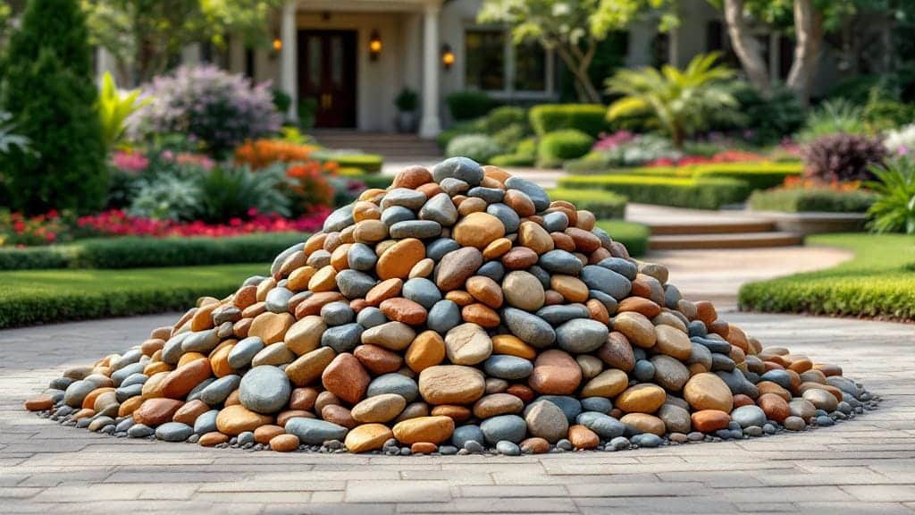 A large pile of bulk river rocks delivered for a residential landscaping project.