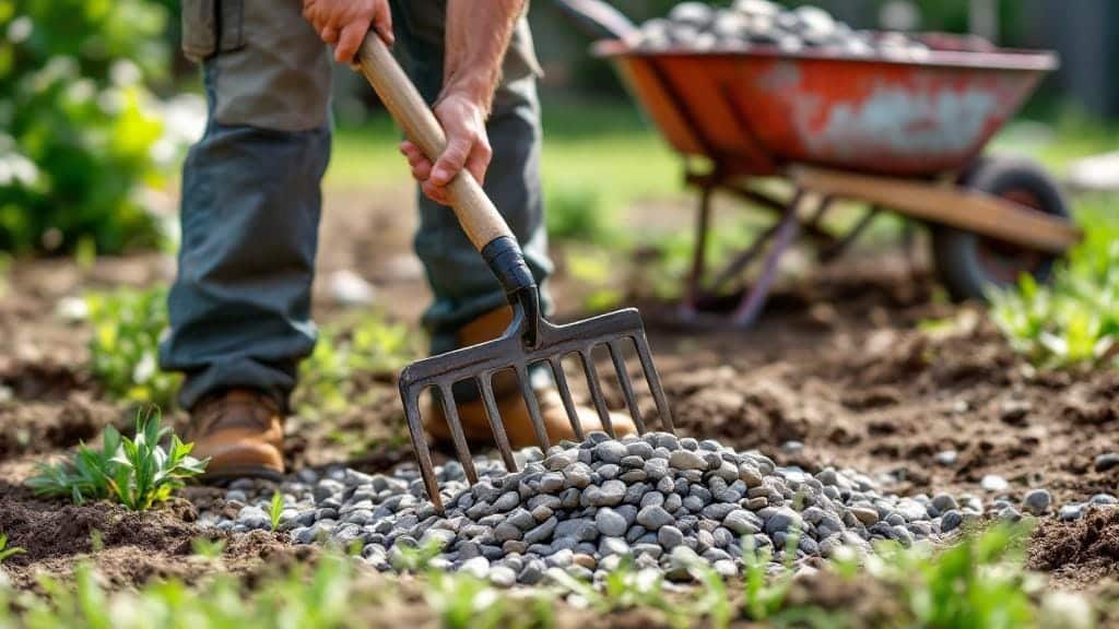 Manual removal of rocks from a yard using a landscape rake and wheelbarrow.