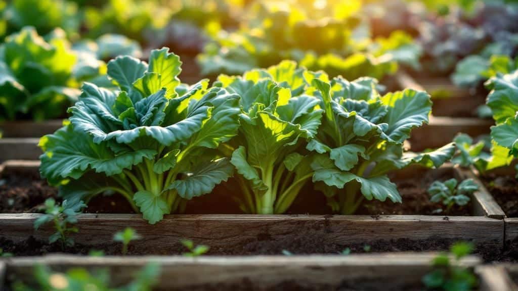 Different varieties of kale growing in a square foot gardening bed.