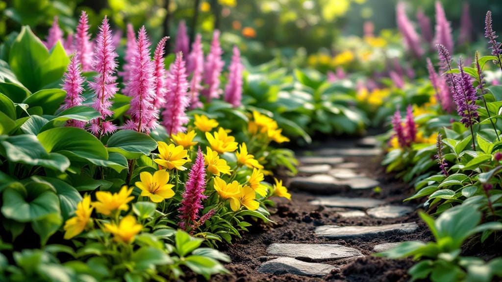 A colorful boggy garden with Astilbes, Primroses, and Hostas in moist soil.