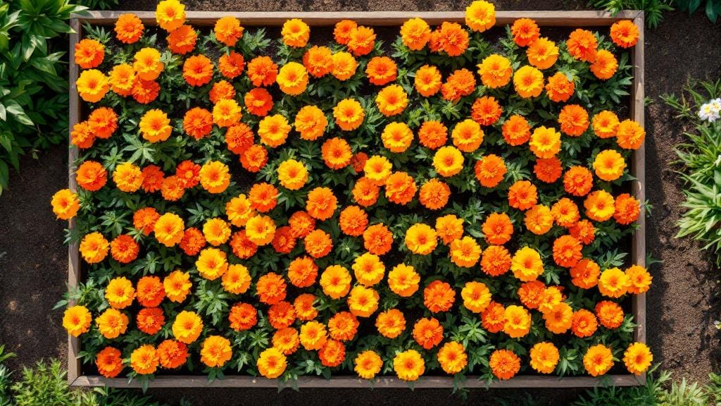 French marigolds planted in a high-density garden bed for a vibrant color display.