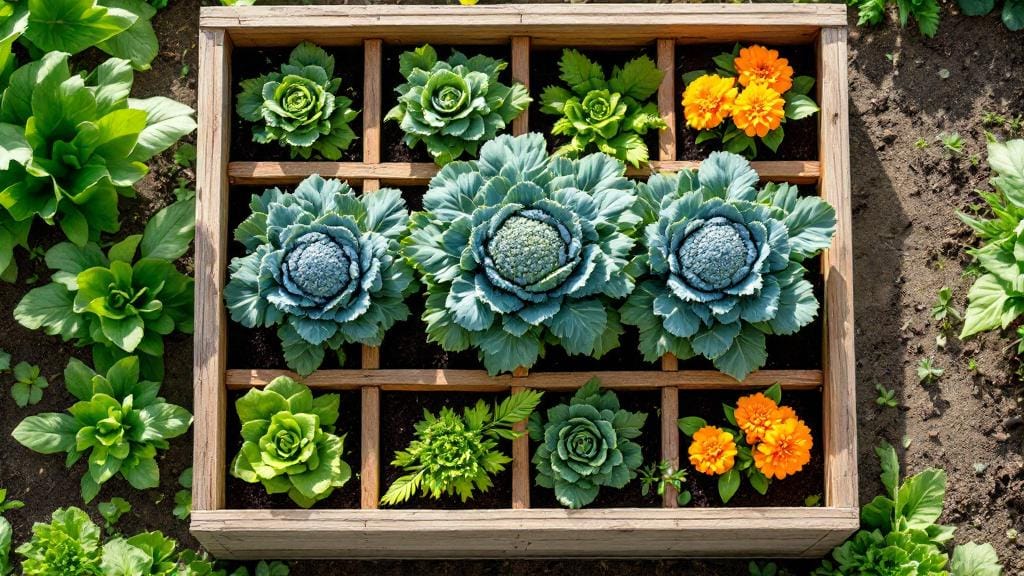 Optimal 4x4 square foot gardening layout featuring broccoli in a structured grid.