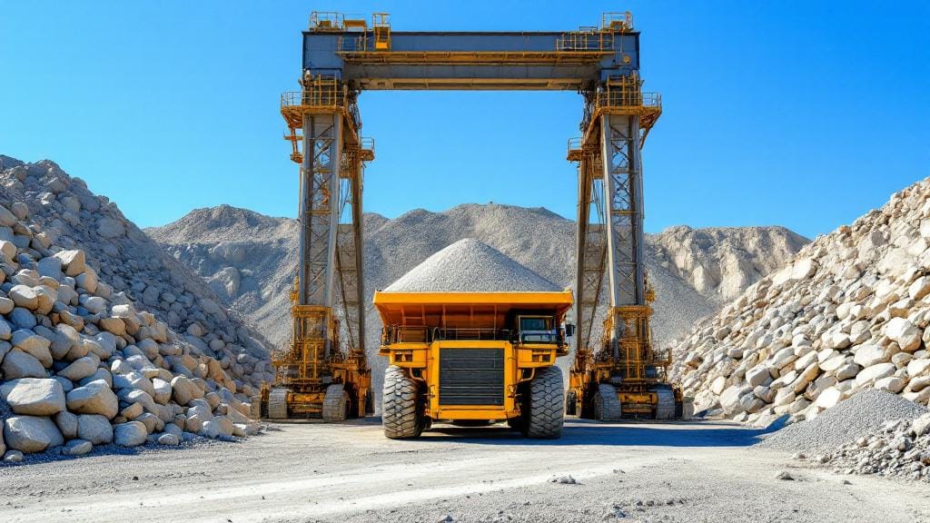 A dump truck being weighed at a quarry to determine the cost per ton of rock.