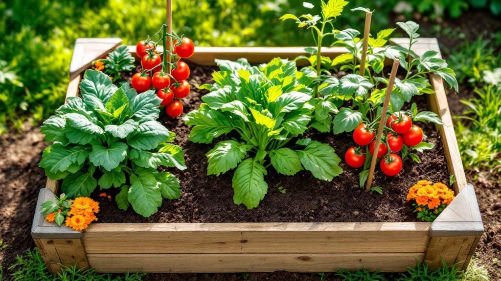 A productive raised garden bed with a mix of vegetables and companion flowers in a sunny backyard.