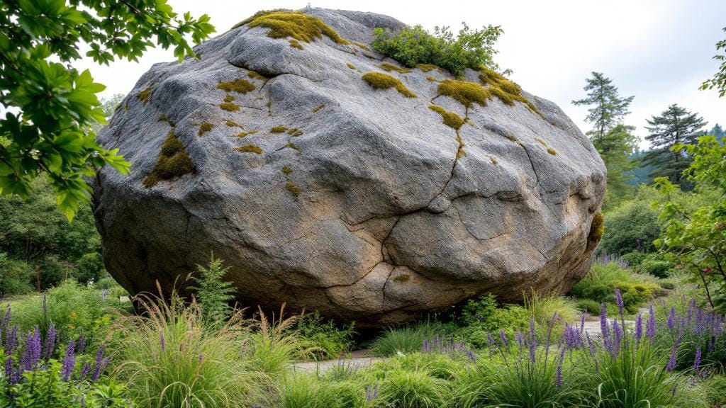 A large granite boulder used as a decorative focal point in a landscaped yard.
