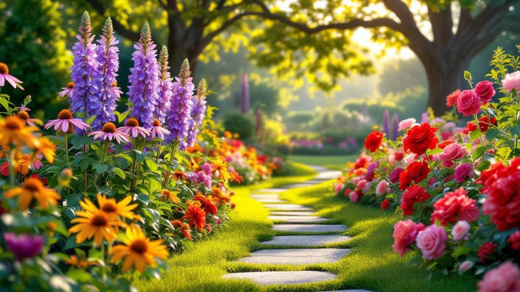 A beautiful landscape featuring the best garden flowers like roses, coneflowers, and black-eyed Susans