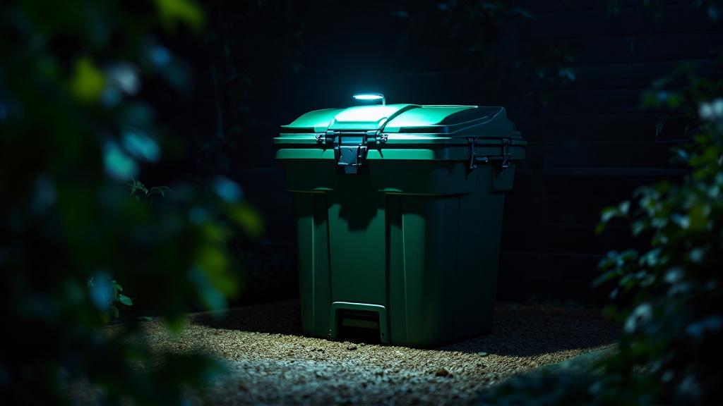 Locking the compost bin with bungee cords to prevent raccoon raids.