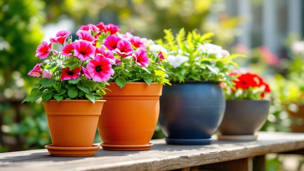 Different types of flower pots including terracotta and ceramic with blooming plants