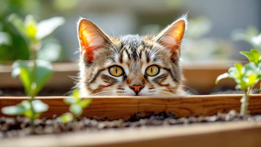 A cat near a raised garden bed protected by a wire mesh barrier.