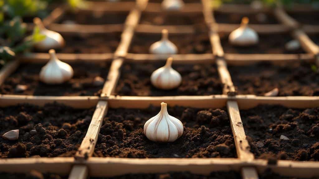 Planting garlic cloves in a square foot garden grid with 4-9 cloves per square.