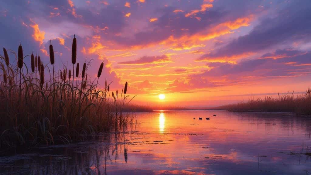 Tall wetland grasses like cattails and common reeds growing along a pond edge at sunset.