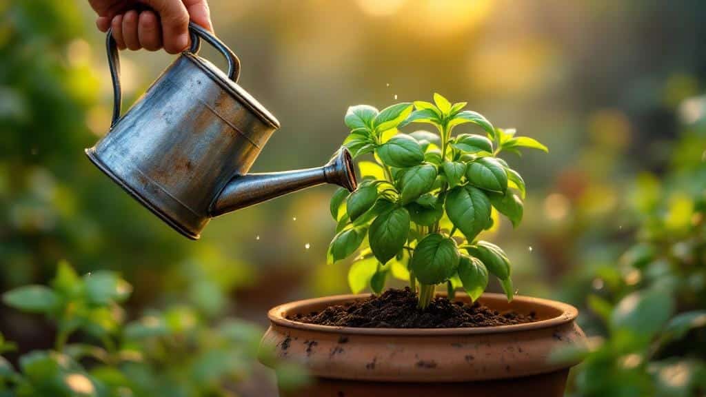 Watering a fresh basil herb plant in a terracotta pot during the morning.