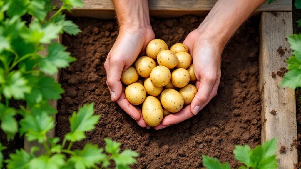 Harvesting fresh potatoes from a square foot gardening raised bed.