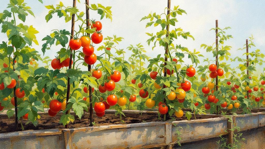 Vertical tomato growth in a 4x4 square foot gardening bed with metal cage supports.