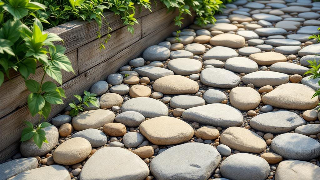 A decorative garden path created with smooth natural river rocks.