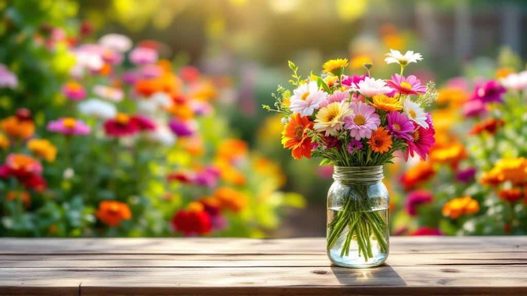 A thriving backyard cutting garden with zinnias and cosmos ready for harvest.